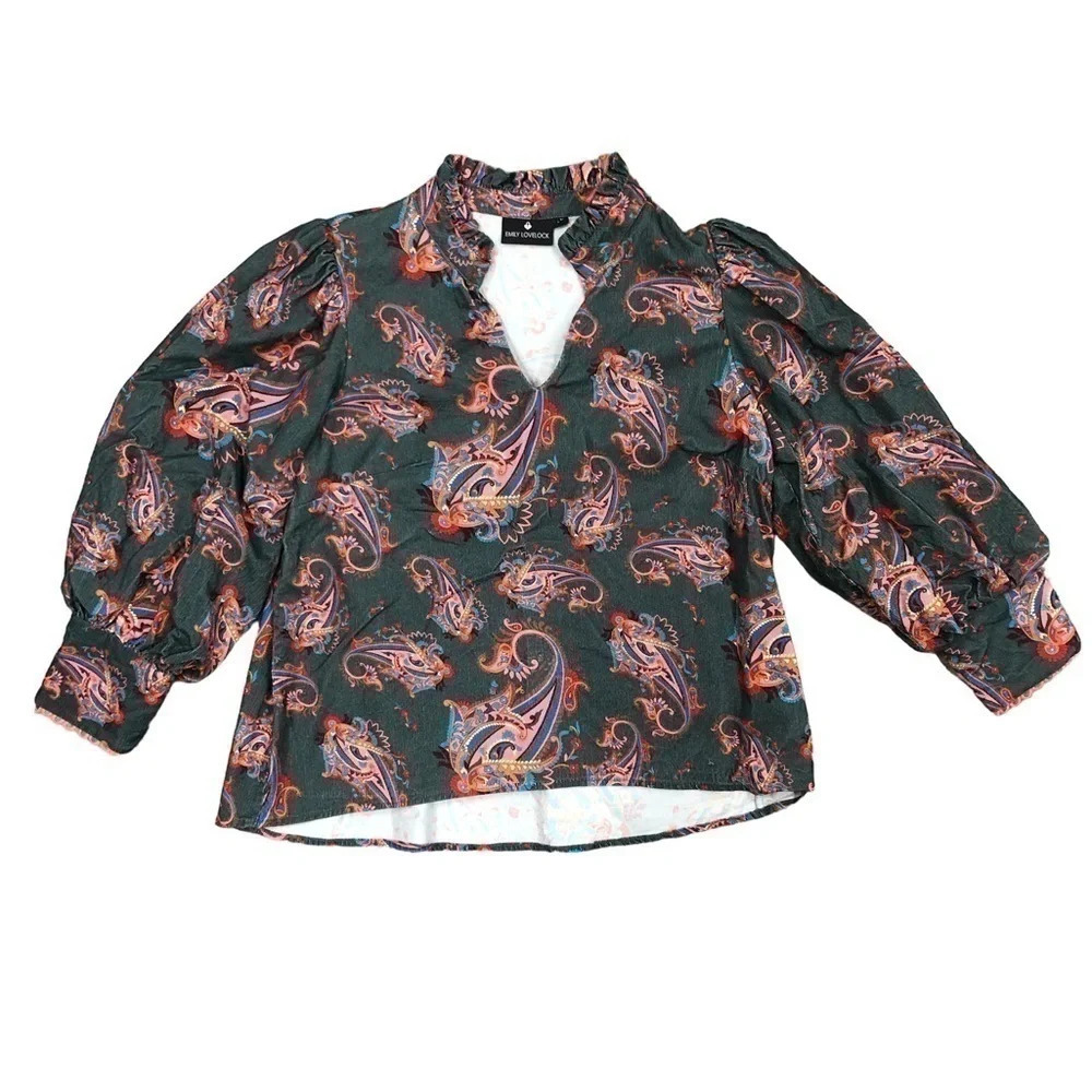 Emily Lovelock Puff Sleeve Blouse paisley sage green size medium ladies